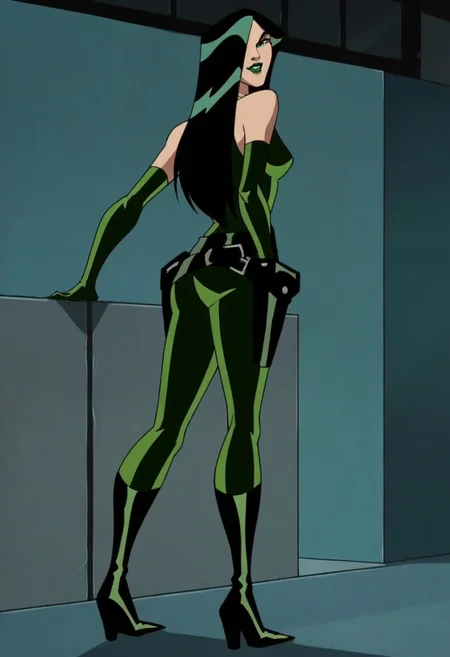 1girl, score_9, score_8_up, score_7_up, masterpiece, high quality, western cartoon, neon lighting, very detailed, depth of field, cinematic illumination, volumetric lighting, full color picture, vibrant colors, solo, alone, cute face,
emhviper, green hair, hair cover one eye, green lips, green bodysuit, green gloves, black belt, black boots, makeup, two-tone hair, multicolored hair, elbow gloves,
standing, full body, flirty, raised eyebrow, flirting, looking back at viewer,