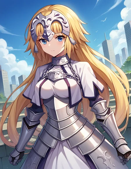 score_9, score_8_up, score_7_up, source_anime,
jeannedarc, <lora:jeanne-darc-ponyxl-lora-nochekaiser:1>,
jeanne darc, blonde hair, blue eyes, long hair,
white dress, armor, armored dress, chain, collar, dress, faulds, gauntlets, headpiece, metal collar, plackart,
outdoors, cityscape,
looking at viewer, dutch angle, cowboy shot,