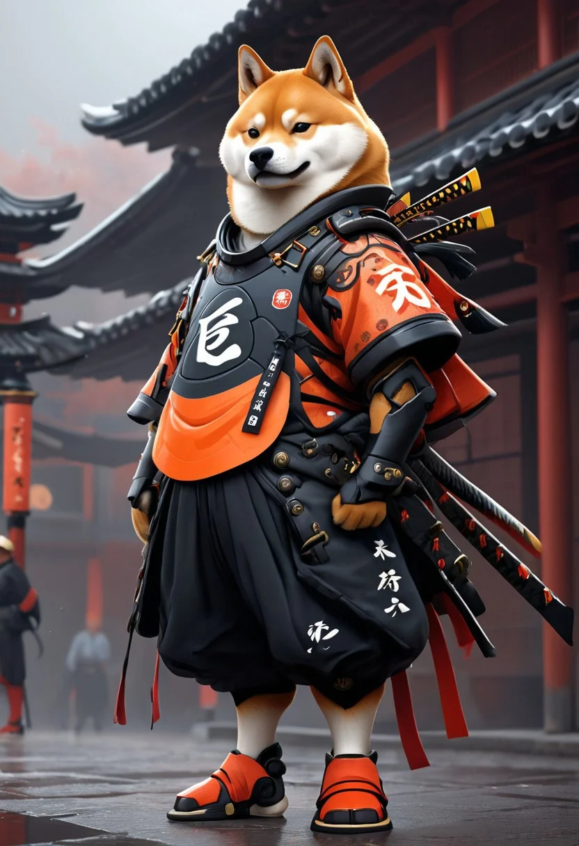 a highly detailed epic cinematic concept art CG render digital painting artwork: shiba inu samurai in a dynamic pose, inspired by classical Japanese samurai armor and mythology. By Greg Rutkowski, Ilya Kuvshinov, WLOP, Stanley Artgerm Lau, Ruan Jia and Fenghua Zhong, trending on ArtStation, subtle muted cinematic colors, made in Maya, Blender and Photoshop, octane render, excellent composition, cinematic atmosphere, dynamic dramatic cinematic lighting, precise correct anatomy, aesthetic, very inspirational, arthouse,