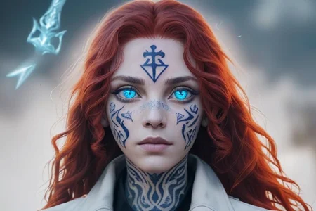 bright red hair, human female, (feminine:1.7), (beautiful face, detailed face:1.6), (beautiful eyes, detailed eyes:1.7), (looking at viewer, eye contact, intense:1.6), (long hair, red hair, curly hair:1.3), , ((masterpiece, best quality, high resolution, realistic, best quality,)), photo realistic, Perfect Face, (detailed face). <lora:GoodHands-vanilla:0.6> <lora:add-detail-xl:0.8>, mage, (Dress White military uniform coat), dagger, rune dagger, glowing runes, , (((glowing magic symbols tattoos, religious tattoos))), ((face tattoos)), glowing tattoos, stone tower in the background