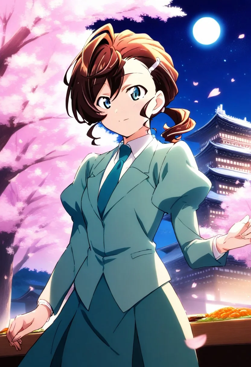 1girl,Inuyama Mana,GeGeGe no Kitarou,year 2019,solo,cowboy shot,(Japanese castle, cherry blossoms, banquet, night, starry sky:1.3),(full moon,Japanese castle lit up:1.2),(cherry blossom petals:1.4),1 hair tie,happy,hanging 1 nylon school bag from own shoulder,waving,blue eyes,school uniform,(white shirt),(juliet sleeves:1.2),(celadon blazer:1.2),(dark sea-green necktie),(dark sea-green skirt:1.2),(single hair intake:1.5),(wavy hair),(swept bangs) and (hair pulled back:1.2),hair between eyes,(low ponytail),Ahoge,(Brown) medium hair,sideburns, 1 silver hairpin,masterpiece, best quality, very aesthetic, absurdres