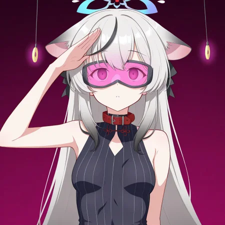 masterpiece, best quality, very aesthetic, absurdres, 1girl, solo, empty eyes, hypnosis, mind control, kokona_(blue_archive), salute, (dronification), (enemy_conversion),  (tech_control),visor,(z-tech_(zko)), collar,  (etlabsotwe :1.2),