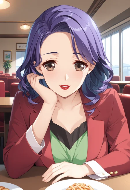 score_9, score_8_up, score_7_up,BREAK  1girl,Yayy, brown eyes,smiling,mature female, purple hair,long hair,head rest,,red lips, makeup, pov across the table,red jacket,open jacket,long sleeves,green shirt,collarboneindoors,restaurant, <lora:KUSI:1>