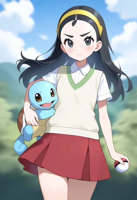 2d, masterpiece, best quality, amazing quality, highres, absurdres, newest, standing, frown, closed mouth, cowboy shot, upper body, sky, clouds, aqua, nature, 1girl, solo, senpai, long hair, black hair, black eyes, yellow hairband, green sweater vest, short sleeves, beige sweater vest, red skirt, holding pokemon, giving viewer, thigh gap, challenge, squirtle, miniskirt,,masterpiece,best quality,newest,absurdres,highres,arms at side,