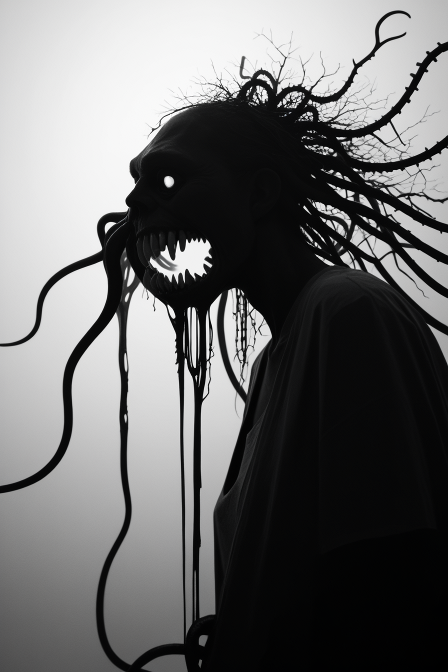 score_9, score_8_up, score_7_up, score_6_up, score_5_up, score_4_up, <lora:GRIM_v1:1>  greyscale, monochrome, limited palette, horror (theme), eldritch abomination, chaotic, silhouette,, <lora:123182P:0.8> 123182P, woman, 24 years old, <lora:Breast Slider - Pony_alpha1.0_rank4_noxattn_last:0.5>