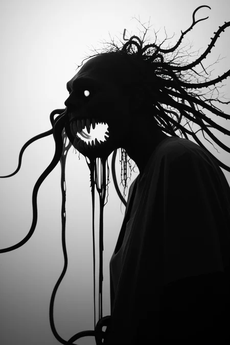 score_9, score_8_up, score_7_up, score_6_up, score_5_up, score_4_up, <lora:GRIM_v1:1>  greyscale, monochrome, limited palette, horror (theme), eldritch abomination, chaotic, silhouette,, <lora:123182P:0.8> 123182P, woman, 24 years old, <lora:Breast Slider - Pony_alpha1.0_rank4_noxattn_last:0.5>