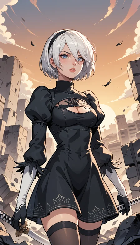 score_9, score_8_up, score_7_up, Western Comics, Cowboy Shot, yorha no. 2 type b, short white hair, black dress, hairband, black gloves, clothing cutout, cleavage cutout, puffy sleeves, long sleeves, black hairband, feather-trimmed sleeves, juliet sleeves, mole under mouth, holding katana, black thighhighs, turtleneck, sunset, rubble in the background, depth of field, dynamic angle, fashion photography, sharp, hyperdetailed:1.15