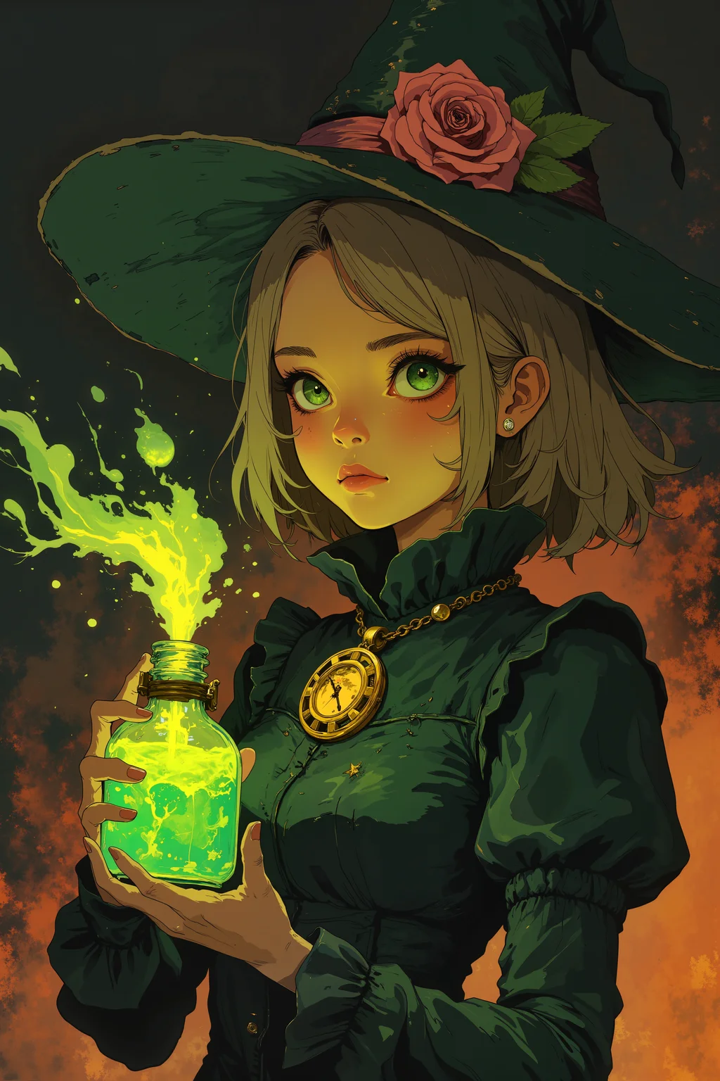 a young womanwith short, light brown hair adorned with a large, dark green witch's hat decorated with a pink flower. Her large, expressive green eyes are wide with a hint of curiosity or surprise. She wears a dark green dress with puffed sleeves and a high collar, accessorized with a large, golden medallion around her neck.In her right hand, she holds a glowing, green, magical potion in a small glass bottle, which emits a soft, luminescent light. The potion appears to be swirling and bubbling, suggesting it is enchanted. The background is a gradient of dark, muted colors, transitioning from black at the top to a warm, amber hue at the bottom, with swirling, abstract patterns that add a sense of motion and magic to the scene. The woman's skin is fair, and her expression is one of focused concentration. The overall atmosphere of the image is mystical and enchanting, with a strong emphasis on the magical elements. ,in the style of cksc,anime, cyberpunk, DB4RZ, DB4RZ style painting <lora:CPA:0.5><lora:FLUX-daubrez-DB4RZ:0.3><lora:Luminous_Shadowscape-000016:0.3><lora:ck-shadow-circuit-000021:0.35>