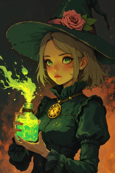 a young womanwith short, light brown hair adorned with a large, dark green witch's hat decorated with a pink flower. Her large, expressive green eyes are wide with a hint of curiosity or surprise. She wears a dark green dress with puffed sleeves and a high collar, accessorized with a large, golden medallion around her neck.In her right hand, she holds a glowing, green, magical potion in a small glass bottle, which emits a soft, luminescent light. The potion appears to be swirling and bubbling, suggesting it is enchanted. The background is a gradient of dark, muted colors, transitioning from black at the top to a warm, amber hue at the bottom, with swirling, abstract patterns that add a sense of motion and magic to the scene. The woman's skin is fair, and her expression is one of focused concentration. The overall atmosphere of the image is mystical and enchanting, with a strong emphasis on the magical elements. ,in the style of cksc,anime, cyberpunk, DB4RZ, DB4RZ style painting <lora:CPA:0.5><lora:FLUX-daubrez-DB4RZ:0.3><lora:Luminous_Shadowscape-000016:0.3><lora:ck-shadow-circuit-000021:0.35>
