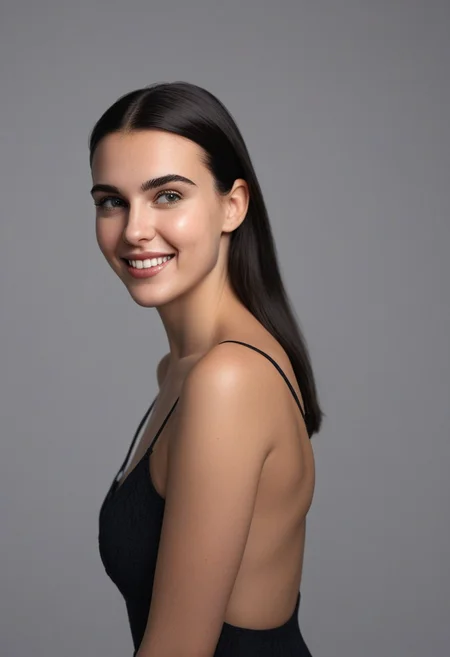 30yo american woman in a photostudio
Modeling High cut, high Quality Dress.
Slight makeup, heavy rimmel. Clear skin.  realistic skin style
Long dark black slick back hair. 
Shooting light, indors, cable light
Studio background.
Winking left eye. Smiling.
Bokeh. Heavy Bokeh light.