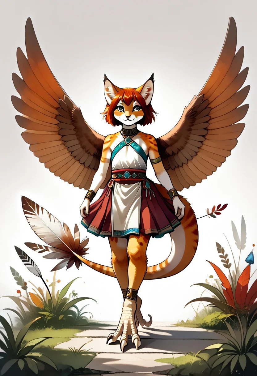 DarirStyle
1 person, flat chest, no breasts, anthro, ((long toes, nimble toes, handfeet)):1.4, ((wing arms, wings only)):1.6, pelvic curtain skirt, feline features, feline nose, large ears, ((thick tail, tapering tail, feather tipped tail)), harpy:1.2, large wings, variety, digitigrade legs, ((front view)), rating: safe