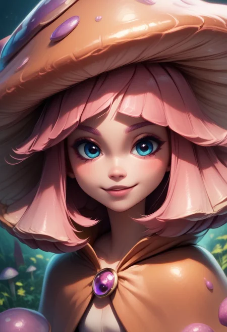 score_9, score_8_up, score_8,
zzMushroomGirl,, a woman with short pink hair, wearing (cloak),
solo, upper body, looking at viewer,