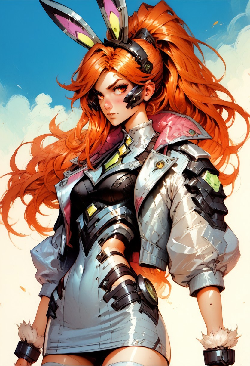 score_9, score_8_up, score_8_up,
 traditional media,
1girl, BBMF, orange hair, orange eyes, long hair, bangs, mechanical bunny ears,battle leotard, covered collarbone, white jacket, fur bracers, white thighhighs, platform heels,
 bio ,exoskeleton,
cowboy shot