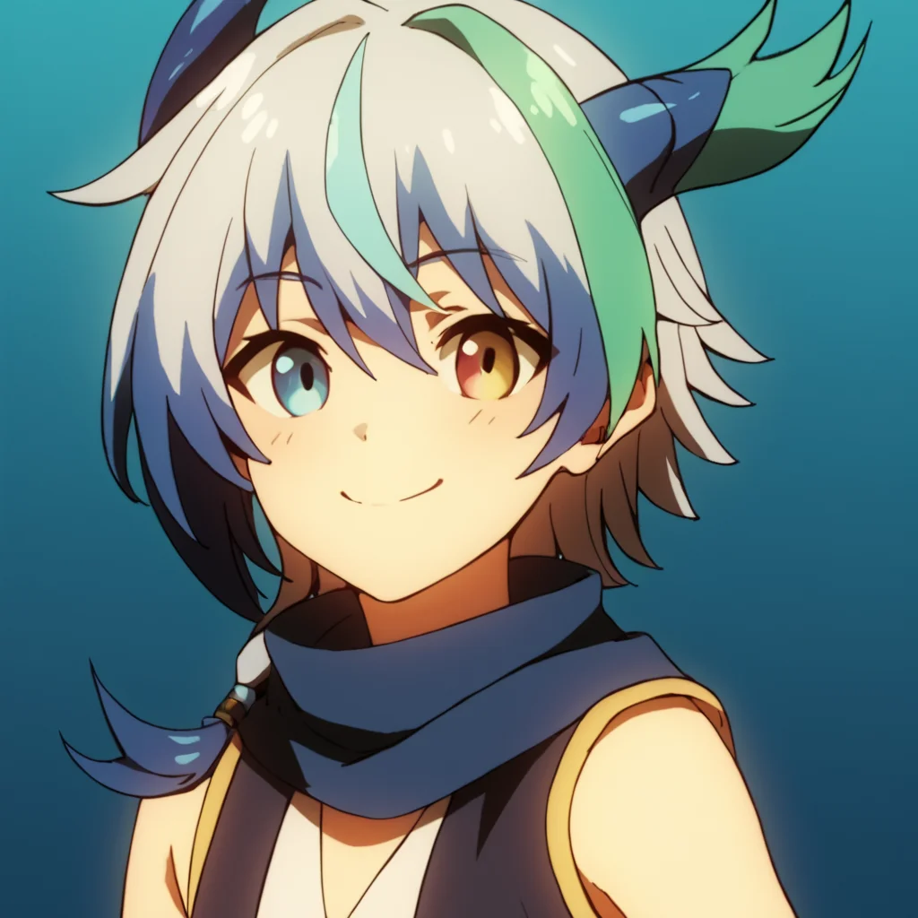 score_9, score_8_up, score_7_up, score_6_up, score_5_up, score_4_up, source_anime, Russell, heterochromia, multicolored hair, streaked hair, small breasts, fish tail, , smile, portrait