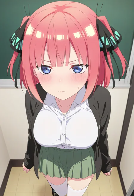 newest, masterpiece, best quality, 4k,
indoors, very aesthetic, detailed background, face focus,
1girl, solo, <lora:Nino Nakano:1> nino,short hair, bangs, blue eyes, hair ornament, hair ribbon, pink hair, blunt bangs, two side up, butterfly hair ornament,skirt, shirt, long sleeves, white shirt, pleated skirt, open clothes, collared shirt, sleeves past wrists, dress shirt, cardigan, green skirt, open cardigan, black cardigan,white thighhighs, large breasts,black footwear,tsundere