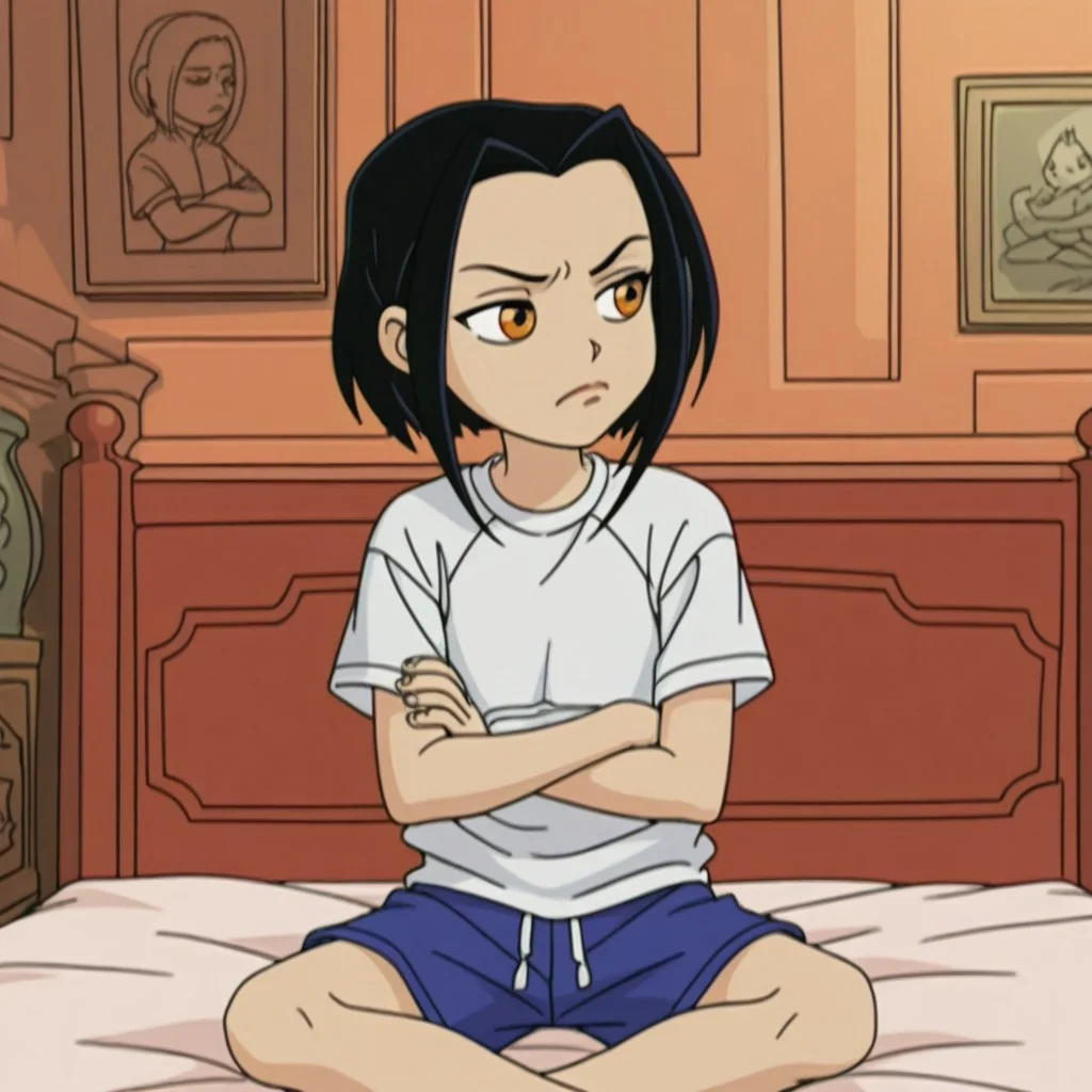 jade, 1girl, solo, black hair, short hair, orange eyes, short sleeves, blue shorts, <lora:JadeChanIllustrious1.00JLFO:1>, jade, 1girl, solo, black hair, oversized white shirt, lowcut shirt, gym shorts, sitting on bed, sitting crossed legged, folded arms, arms crossed, slouching, frown, annoyed, looking to the side, avoiding eye contact, masterpiece, best quality, amazing quality, very aesthetic, absurdres, bedroom, orange and red themed bedroom,