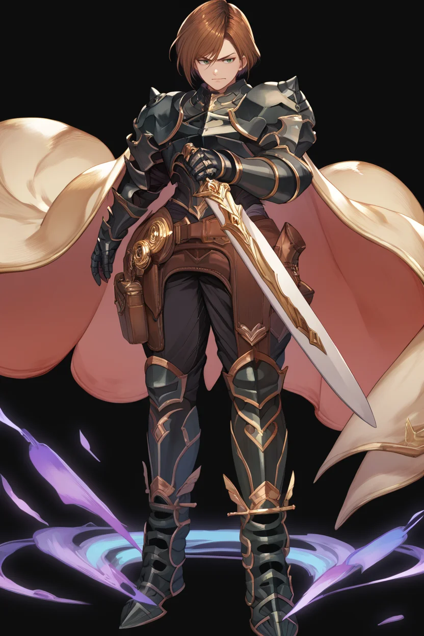 score_9, score_8_up, score_7_up, score_6_up, source_anime, solo <lora:gbfbk-pdxl-nvwls-v1-000005:1> gbfBK, short hair, brown hair, green eyes, cape, armor, shoulder armor, gauntlets, black pants, armored boots, holding sword, smirk, <lora:feh-style-richy-v1_pdxl:1> fehatk, full body, standing, black background, simple background