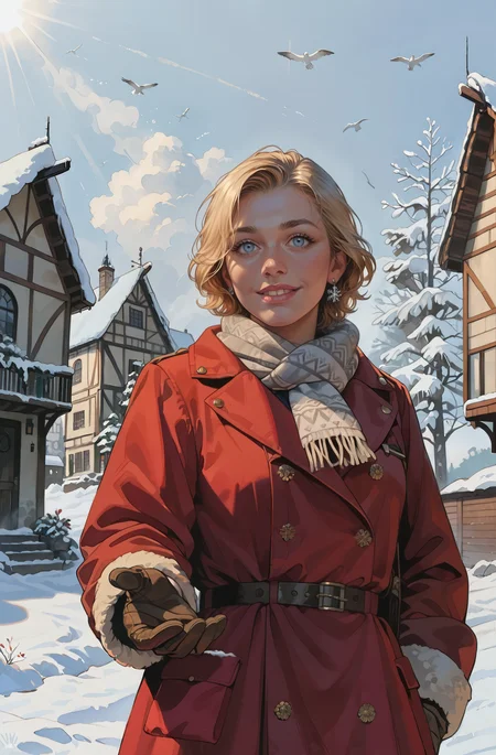 score_9_up, score_8_up, score_7_up, Casual, shiny skin,cell_shading, detailed, detailed background, detailed face, shiny skin, masterpiece, best quality, highly detailed, (realistic face:1.2), 
1girl, snowy village square environment, late afternoon environment, tranquil theme, sunlight reflecting off the snow-covered houses, from below view angle, soft warm lighting
BREAK
small cottages with snow-covered roofs, smoke rising gently from chimneys, a few villagers walking in the distance, a horse-drawn sled passing by
BREAK
1girl, short hair, tousled and slightly messy, ash blonde hair, winter casual style, thick grey scarf, dark red winter coat, calm emotion, soft smile expression, looking upwards towards the sky, one hand reaching out to catch a falling snowflake, wearing fur-lined gloves
 (ultra realistic, 32k, masterpiece:1.2), (high detailed skin:1.1), (high quality:1.1) <lora:incase-ilff-v3-4:0.4>