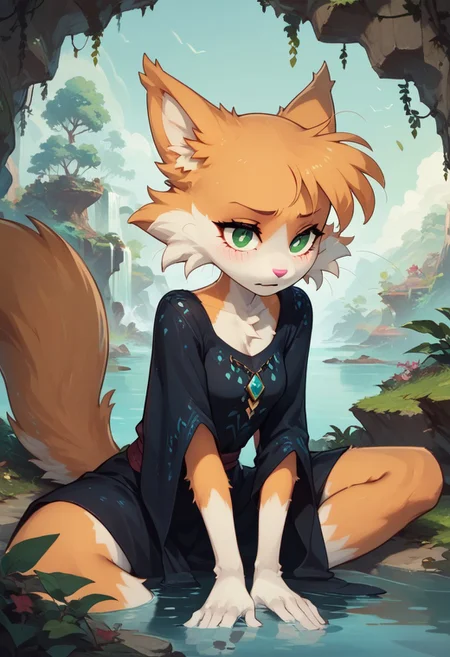 score_9, score_8_up, score_7_up, Rolo, 1girl, solo, animal ears, furry female, body fur, animal nose, white fur, green eyes, short hair, tail, fox ears, fox girl, two-tone fur, fox tail, orange fur, highly detailed, intricate, zzCitronCAT, enchanted grotto scenery