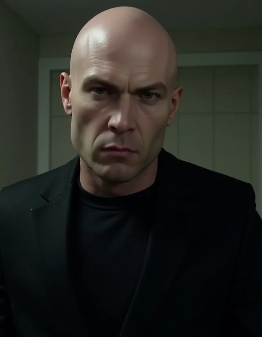 <lora:Hitman (World of Assassination)_epoch_5:1>,bald man,Serious face expression.,serial killer,