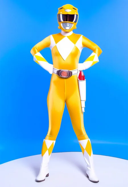 female yellow power ranger, morphed, helmet, uniform, yellow catsuit, white gloves boots belt, holstered weapon, facing camera, standing square-on, arms down by sides, legs together, plain blue background, hyperdetailed photography