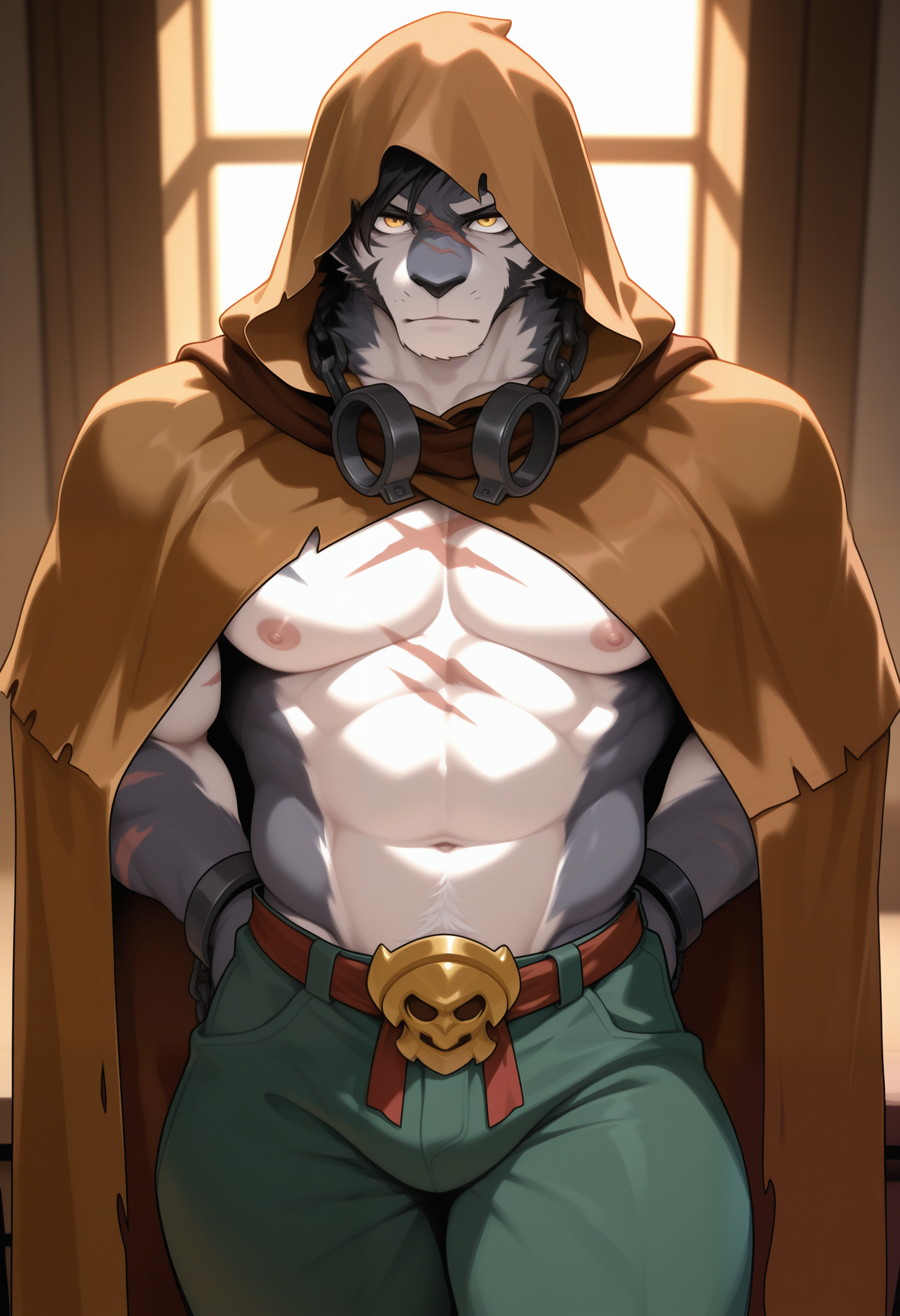 masterpiece,best quality,amazing quality, 1boy, solo, y40, furry male, brown cloak, handcuffs around neck, green pants,