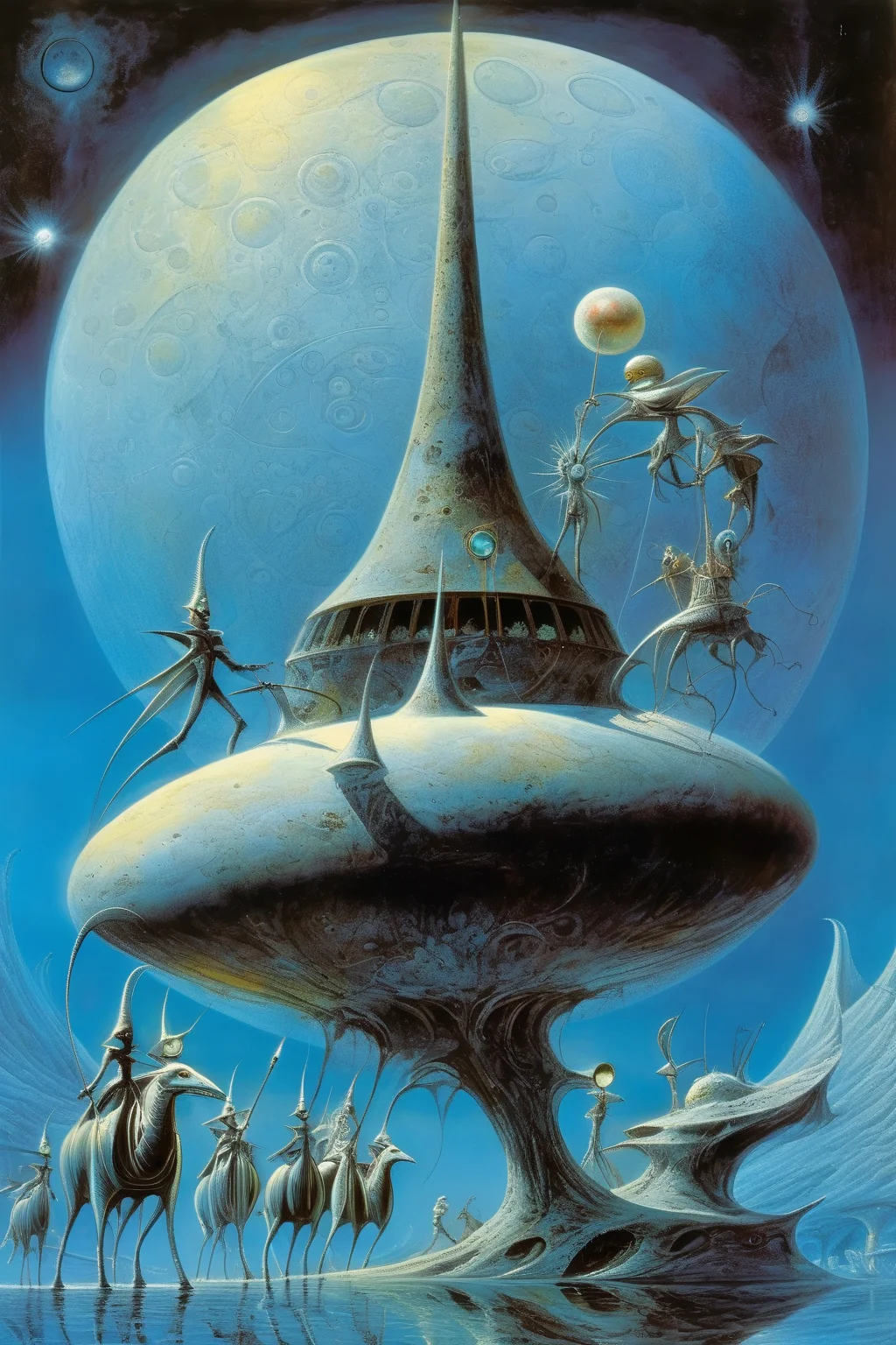 <lora:Rodney Matthews Style:1>Rodney Matthews Style - magical mystery tour on the moon by philippe druillet, michael cheval, wayne barlowe and anne bachelier