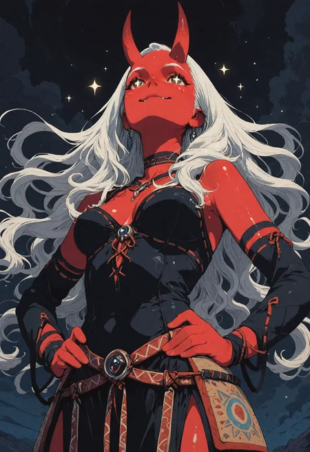 oni girl, (white hair:1.5), (red skin:1.4), (large red horns:1.6), cute, evil smirk, fangs, tribal fantasy armor, (glowing freckles:1.3), (sparkling eyes:1.4), (flowing hair:1.5), (anime style:1.3), (night sparkles background), shoulderfree, medium round breasts, shiny skin, magical atmosphere, joyful expression, soft lighting, dynamic hair strands, vibrant color contrast, fantasy tribal jewelry :: anime, cel-shaded, digital painting, fantasy illustration :: artist: Kazuki Takahashi, sexy posing, ecchi, hands hips, looking up, low angle
sinozick style, flat color, dark theme, in the style of cksc, illustration, masterpiece, (extremely detailed CG 8k), (very fine 8K CG), (ultra detailed perfect piece:1.2), lat color, no lineart,,(no lineart, flat art style:1.0), NO_LINE_ART, comical, simple,
<lora:Sinozick_Style_XL_Pony:0.35> <lora:NOOB_vp1_detailer_by_volnovik_v1:1> <lora:ponyv6_noobV1_2_adamW:0.9> <lora:ck-shadow-circuit-IL:1>