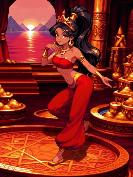 highres, hi res, best quality, masterpiece,,
1girl, medium breasts, (JasmineXL:1.1), long hair, black hair, high ponytail, brown eyes, dark skin, makeup, earrings, red harem pants, strapless, armlet, tube top, arabian clothes, crown,
light smile, dutch angle, sexy pose, looking at viewer, treasures around, gold, lake, indoors, red theme, mountain of gold and treasure, daylight, dynamic pose, from side, on hand on open mouth,
<lora:Jasmine-IL_V2:0.7> <lora:dnfstyle-IL:1> 1girl,solo,dnfstyle,pixel art,full body,,