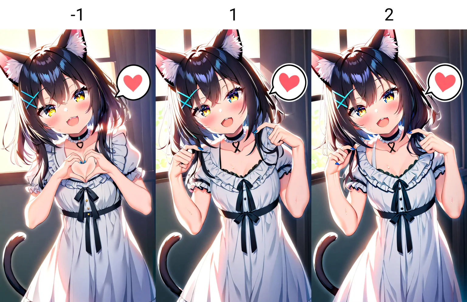 1girl,sensitive,<lora:neg4all_bdsqlsz_xl_V9:-1>,, masterpiece, newest, absurdres,best quality,, :d, animal ear fluff, animal ears, black hair, blue eyes, blush, breasts, cat ears, cat girl, cat tail, choker, cleavage, collarbone, dress, expressionless, fang, fingernails, frilled shirt collar, frills, hair between eyes, hair ornament, hair ribbon, hairclip, happy, head tilt, heart, heart hands, holding, holding hair, looking at viewer, nail polish, open mouth, puffy short sleeves, puffy sleeves, ribbon, shadow, short sleeves, small breasts, smile, solo, spoken heart, sweat, tail, teeth, upper body, upper teeth only, white dress, x hair ornament, yellow eyes