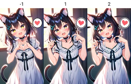 1girl,sensitive,<lora:neg4all_bdsqlsz_xl_V9:-1>,, masterpiece, newest, absurdres,best quality,, :d, animal ear fluff, animal ears, black hair, blue eyes, blush, breasts, cat ears, cat girl, cat tail, choker, cleavage, collarbone, dress, expressionless, fang, fingernails, frilled shirt collar, frills, hair between eyes, hair ornament, hair ribbon, hairclip, happy, head tilt, heart, heart hands, holding, holding hair, looking at viewer, nail polish, open mouth, puffy short sleeves, puffy sleeves, ribbon, shadow, short sleeves, small breasts, smile, solo, spoken heart, sweat, tail, teeth, upper body, upper teeth only, white dress, x hair ornament, yellow eyes