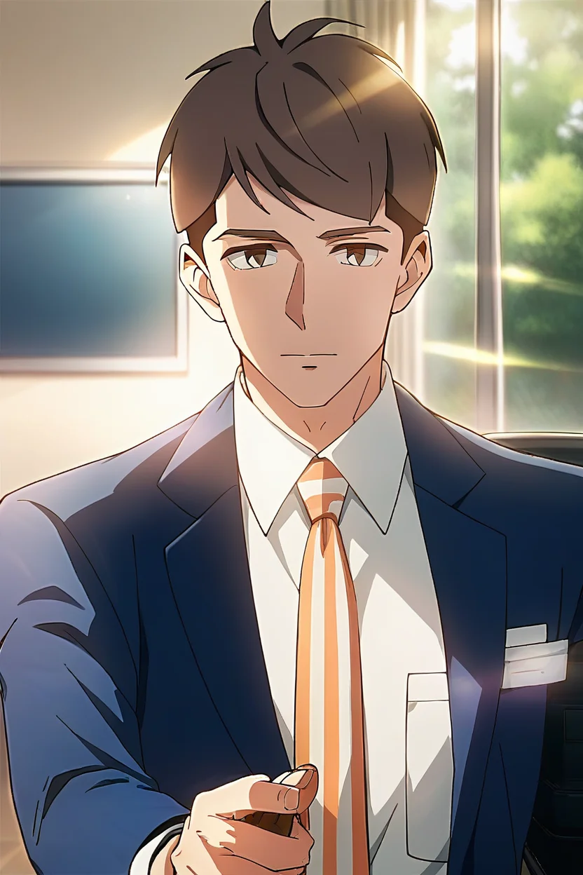 (score_9, score_8_up, score_7_up), (source anime, best quality, best aesthetic, perfect anatomy), 1boy, kentaro momose, male_focus, handsome detailed face, black eyes, black jacket, blue jacket, collared shirt, slim body, skinny, orange necktie, solo, modern office, portrait, <lora:Kentaro Momose_PDXL:0.85>, ((aiming at viewer, Despair)), <lora:aesthetic_anime_v1s:0.8>