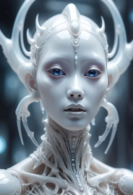 Real sharp photo, A beautiful milky skinned glass humanoid with ghostly white heavy makeup, hair ornament, glowing eyes, intricate details, small mouth, translucent glass outfit, blurry spaceship background, sweet color tones, soft, dreamlike, surrealism, intricate details, Masterpiece of the best quality, high resolution, 8k.