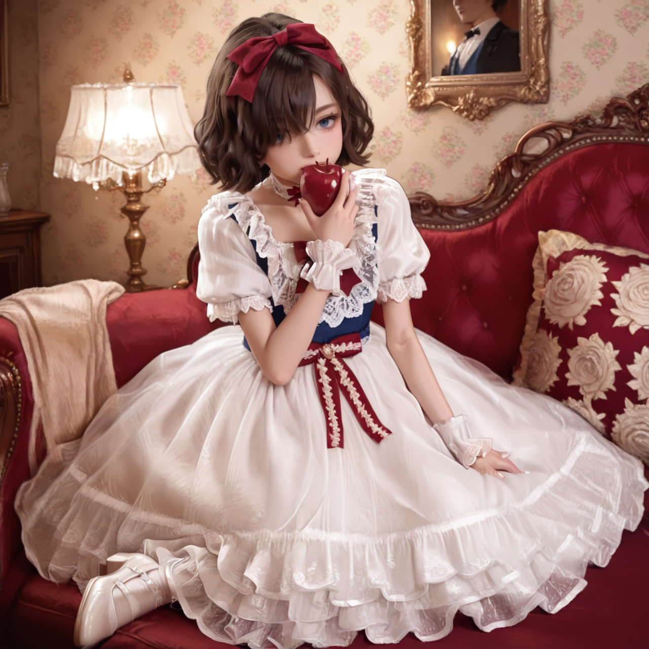 Positive: Masterpiece, best quality, amazing quality, very aesthetic, high resolution, ultra-detailed, absurdres,
1girl, solo, 
Mirakin,
brown hair,short hair,blue eyes,
hair over one eye,
blue top white skirt red accented lace bow dress,
blue vest,white dress,red bow,puffy short sleeves,frilled dress,lace trim,apron,wrist cuffs,choker,lace,frills,
hair bow,
white pumps with bow,white_pantyhose, 
full_body,wariza，eating apple, 
French vintage, ornate furniture, gilded mirrors, floral wallpaper, velvet drapes, warm lighting, porcelain accents, vintage chandeliers, rococo details, romantic ambiance，