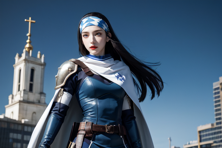highly insanely detailed, masterpiece, top quality, best quality, highres, 4k, 8k, RAW photo, (very aesthetic, beautiful and aesthetic),  
beth_\(megami_tensei\),bethsmtii,shin megami tensei ii,long hair,black hair,straight hair,sleek black,jewelry,cross,headband,red_lipstick,bandana_with_messian_symbol,Religious_bandana,symbol_headband,messian_church_bandana,white cape,cape_with_messian_symbol,Religious_cape,messian_symbol_cape,holy_knight_cape,Blue_dress,armored_corset,blue shirt,holy_knight,holy_knight_armor,white gloves,belt,belt pouch,long white gloves,heeled_boots,armored_heels,elbow gloves,elbow pads,thigh boots,breastplate,Tokyo_Millennium,post-apocalyptic_city,dystopian_world,Holytown,Religious_center,church_district,Millennium_News_Network,City_news,propaganda_broadcasts,information_contro,Great_Cataclysm,World_ending_event,apocalyptic_disaster,city_rebirt, 
<lora:zs_Beth:0.5>, 
(1girl:1.3), 1other, 
(pure blue background,transparent background:1.2),âââ