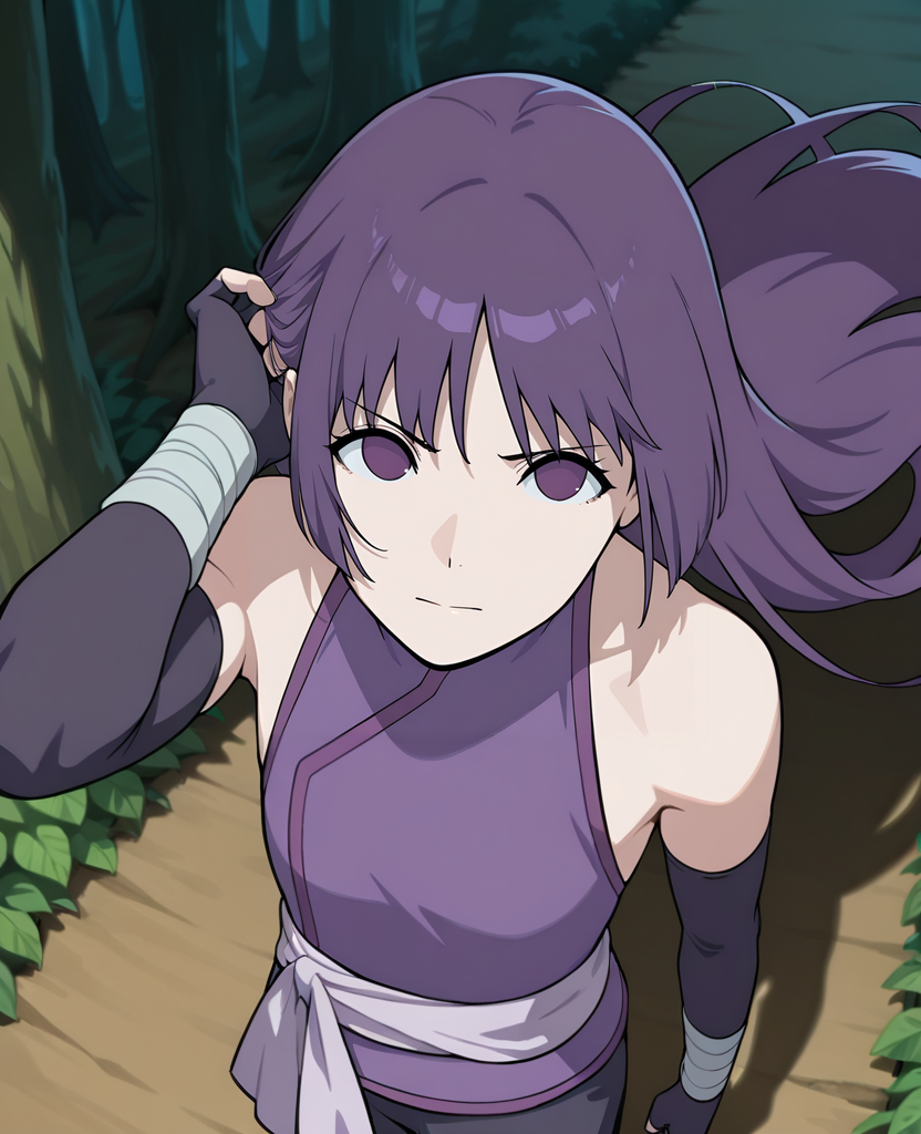 masterpiece, best quality, amazing quality, very aesthetic, absurdres, scenery, forest, <lora:Sumire_Boruto_ILLUS-000010:1> , sm1, shirt, 1girl, long hair, bangs, elbow gloves, purple eyes, purple hair, no pupils, fingerless gloves, bandaged arm, jacket around waist, looking at viewer, angle view, from above, ruffling hair, floating hair, portrait, dutch angle,