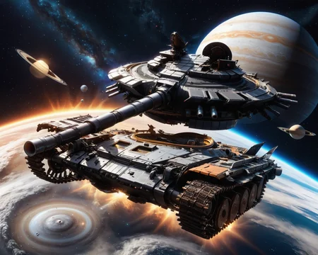 a ((vtnktnk tank):1.0) acting like a space ship orbiting saturn and engaging turbo boost , dslr, 8k, beautiful, (perfect faces), hyper realistic <lora:vtnktnk_SDXL_v1_32-000015:1>