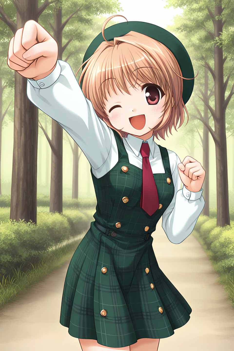 masterpiece, best quality, absurdres, official art, official style, rating general BREAK <lora:yuukikanade_IL_v1-1:0.7>, yuuki kanade, 1girl, brown eyes, solo, red eyes, ahoge, light brown hair, short hair, small breasts,
beret, green headwear, green dress, pinafore dress, plaid dress, double-breasted, white shirt, dress shirt, long sleeves, red necktie, waist ribbon, black ribbon, one eye closed, open mouth, ;d, arm up, outstretched arm, clenched hands, punching, raised fist, foreshortening, looking at viewer, cowboy shot, standing, outdoors, forest, dynamic pose