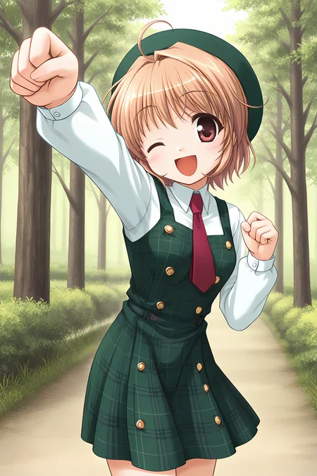 masterpiece, best quality, absurdres, official art, official style, rating general BREAK <lora:yuukikanade_IL_v1-1:0.7>, yuuki kanade, 1girl, brown eyes, solo, red eyes, ahoge, light brown hair, short hair, small breasts,
beret, green headwear, green dress, pinafore dress, plaid dress, double-breasted, white shirt, dress shirt, long sleeves, red necktie, waist ribbon, black ribbon, one eye closed, open mouth, ;d, arm up, outstretched arm, clenched hands, punching, raised fist, foreshortening, looking at viewer, cowboy shot, standing, outdoors, forest, dynamic pose