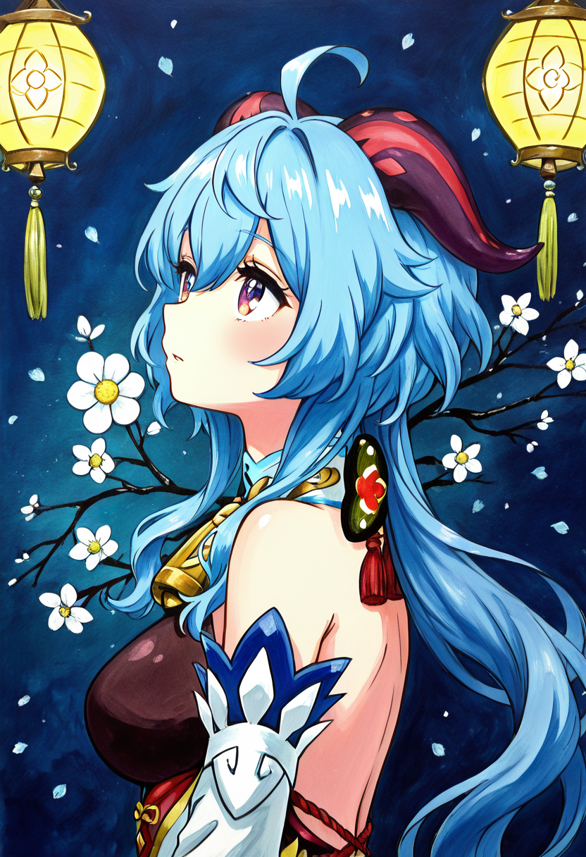 masterpiece, best quality,  <lora:StylizedNightscape_IXL:1.0>,   N1ght, flower, white flower, lantern, branch, light, traditional media, watercolor,   zzGanyu, hair between eyes, purple eyes, ahoge, blue hair, goat horns, horns, long hair, low ponytail,       bare shoulders, neck bell,  white dress, gold trim, flower knot, detached sleeves, (portrait, side view, looking up),   <lora:GanyuGenshinIXL:0.7>,