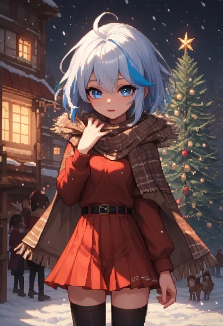 score_9_up, score_8_up, score_7_up, score_6_up, Pixel_Art, 1girl, solo, 25 years old, perfect face, cute, petite,
dark eyes,
bob cut, streaked hair, white hair, icy blue hair, floating hair,
plaid clothes, brown fur-trimmed cape, brown scarf,
red sweater,
pleated skirt, red skirt,
belt, fur-trimmed cape,
black thighhighs,
snowing, winter, village, snowflakes, Christmas tree,
DreamArt,