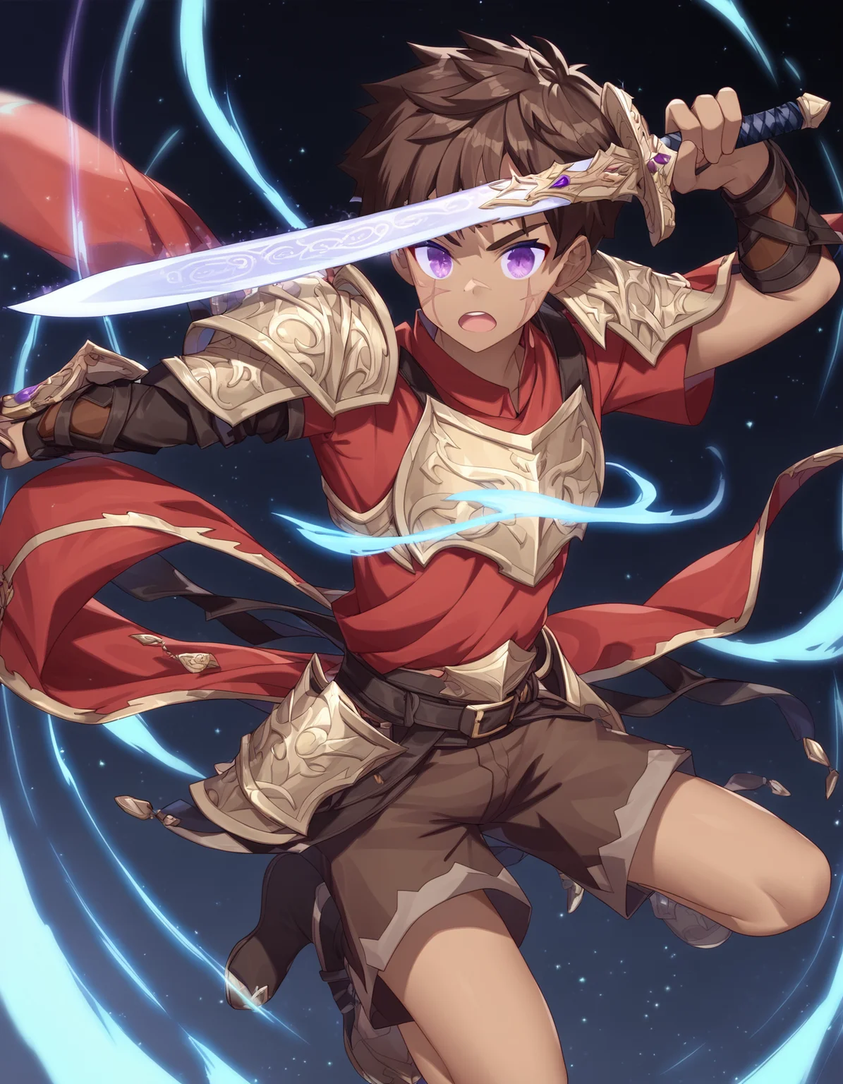 score_9, score_8_up, score_7_up, score_6_up, source_anime, black background, fantasy, magic, light streaks, glowing, 1boy, solo, brown hair, purple eyes, dark skin, scar on face, gold armor, red shirt, brown shorts, swinging sword, open mouth <lora:rukiruki_AMXL_v1e-ShoAI:1>