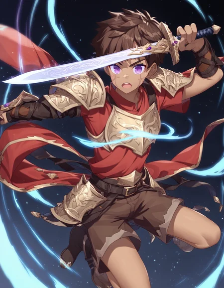 score_9, score_8_up, score_7_up, score_6_up, source_anime, black background, fantasy, magic, light streaks, glowing, 1boy, solo, brown hair, purple eyes, dark skin, scar on face, gold armor, red shirt, brown shorts, swinging sword, open mouth <lora:rukiruki_AMXL_v1e-ShoAI:1>