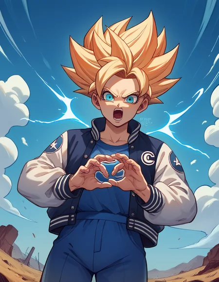 score_9, score_8_up, score_7_up, source_anime, <lora:super-saiyan-ponyxl-lora-nochekaiser:1>, super saiyan, spiky hair, aura, open mouth, closed hands, shouting, breast, <lora:letterman-jacket-ponyxl-lora-nochekaiser:1>, letterman jacket, jacket, wasteland, sky, blue sky, clouds,, cowboy shot, dutch angle, looking at viewer,