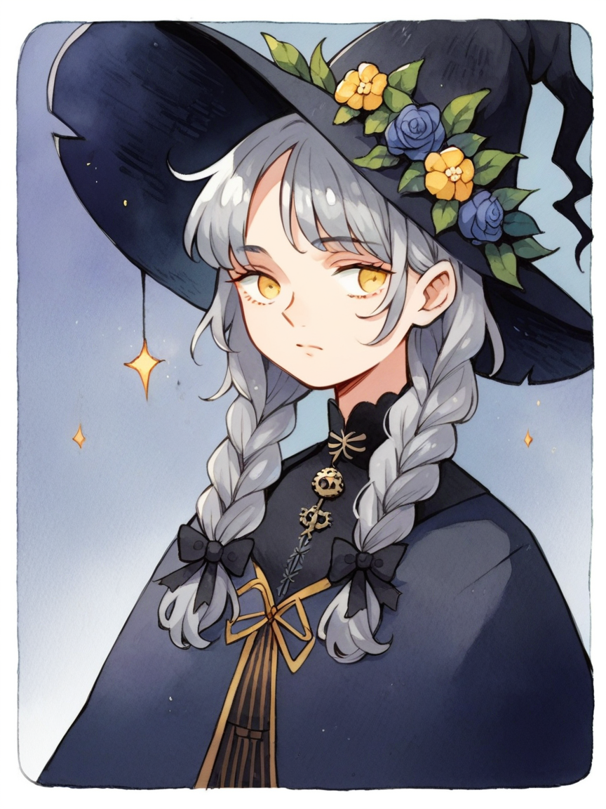 source_anime, score_9, score_8_up, score_7_up, score_6_up, score_5_up, black cat, twin braids, hair ornament, flower, grey hair, witch, witch hat, yellow eyes,  <lora:h31k4l4XLP:1> h31k4l4, watercolor