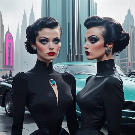 Score_9, score_8_up, score_7_up, score_6_up, BREAK <lora:40sTechnicolorCyberpunkPony:1> ArsMovieStill, movie still from a technicolor 1940s cyberpunk film, The image shows a woman in a black dress standing next to a futuristic car with a pole in the background and buildings in the distance., 1girl, jewelry, earrings, dress, black hair, hair bun, black dress, lipstick, makeup, robot