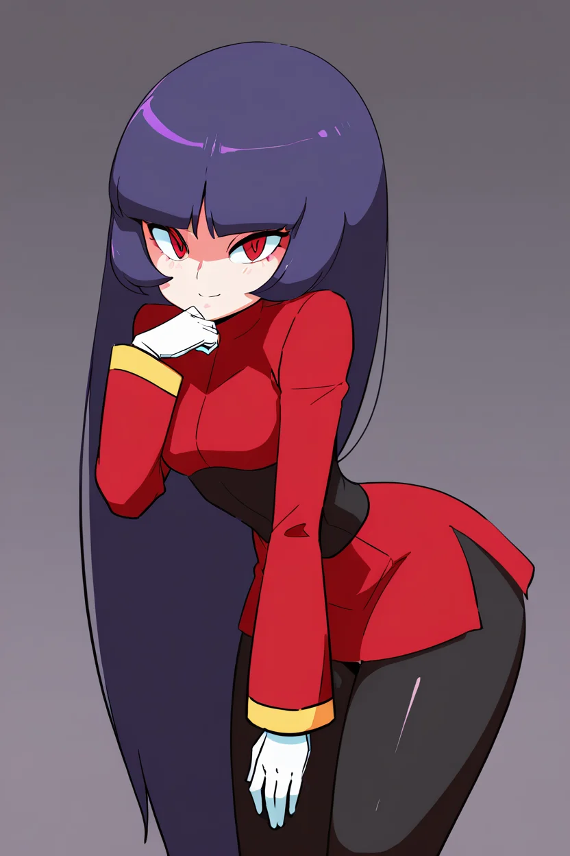 masterpiece, best quality, 1girl, solo, 21 year old model, eyelashes, (beautiful eyes), zzSabrina, red eyes, long hair, blunt bangs, sabrina (pokemon), purple hair, pantyhose, black hair, long sleeves, red skirt, white gloves, black bodysuit, <lora:SabrinaPokemonIXL:1.0>, , cowboy shot, leaning forward, smile, looking at viewer, shiny skin,<lora:DiivesIXL:1.0>,