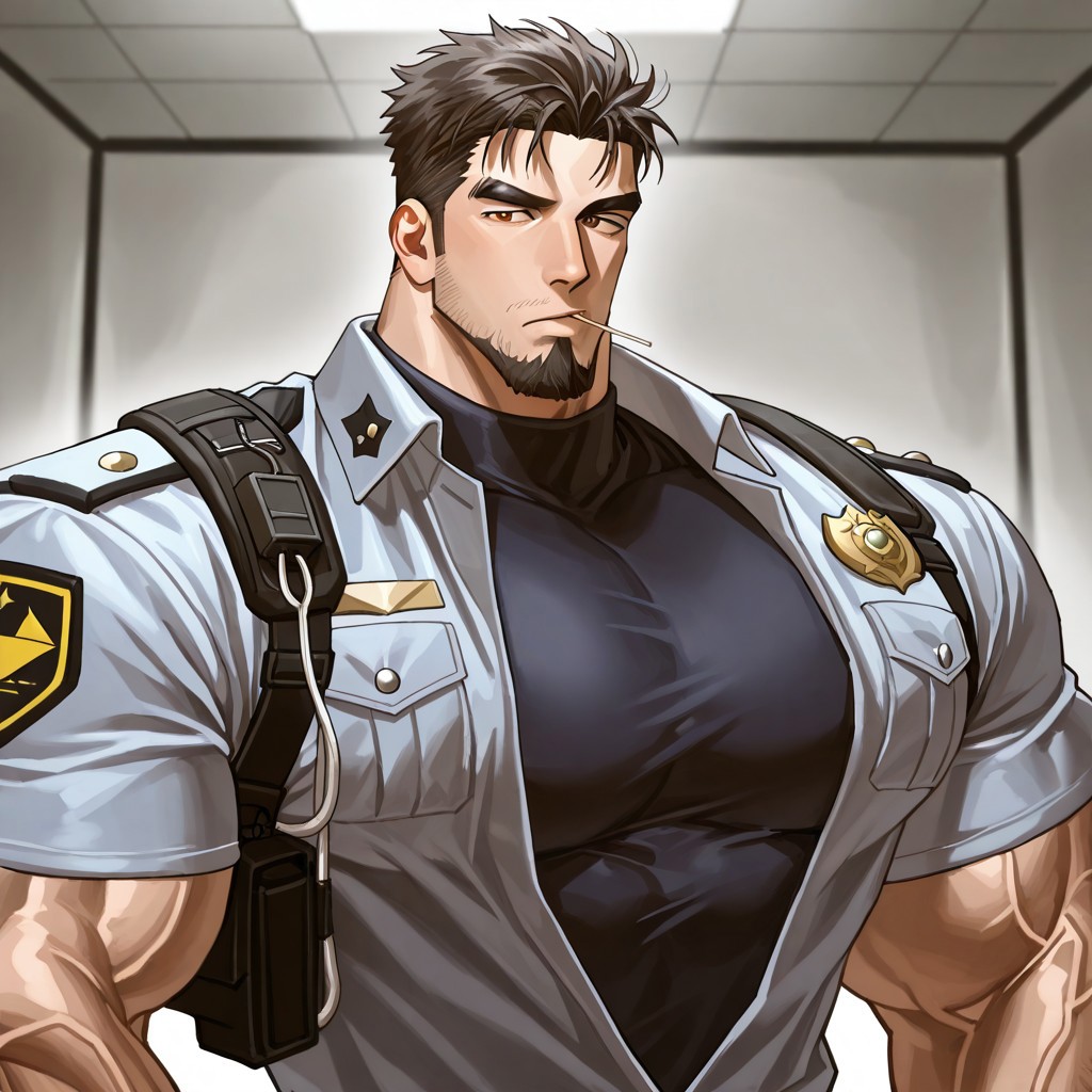 <lora:Date_Wataru__Case_Closed-000008:.6>,Date Wataru, Holding a toothpick in his mouth,, Police uniform, open clothing,
(very short hair, beard, bara, mature, facial hair, stubble, beard, full beard, sideburn, beard, a lot of beard, ), facial hair,male focus, muscular male, muscular male, bara, mature,  bara, mature, aixiwuganda_(20222192), very awa, masterpiece, best quality, absurdres, newest, perfect quality, detailed background, intricate details,
<lora:slider_Body Type_alpha1.0_rank4_noxattn_last:3><lora:style_Anime Summer Days 2 Style SDXL_LoRA_Pony Diffusion V6 XL:.6><lora:slider_cfg_scale_boost:.7><lora:Artist6p:.55>, Artist6p, Artist04p,<lora:slider_il_brightness_slider_d1:-1><lora:slider_il_contrast_slider_d1:-1><lora:slider_DarkSlider1.2_alpha1.0_rank16_full_300steps:-.6>