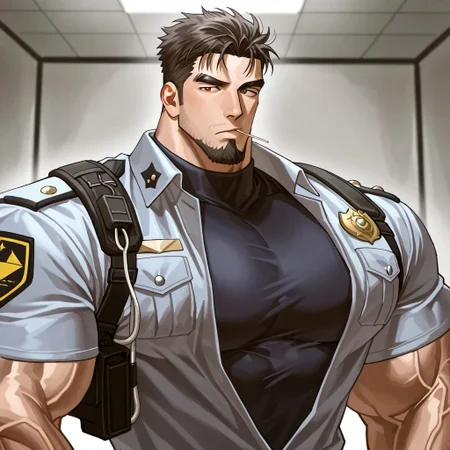 <lora:Date_Wataru__Case_Closed-000008:.6>,Date Wataru, Holding a toothpick in his mouth,, Police uniform, open clothing,
(very short hair, beard, bara, mature, facial hair, stubble, beard, full beard, sideburn, beard, a lot of beard, ), facial hair,male focus, muscular male, muscular male, bara, mature, bara, mature, aixiwuganda_(20222192), very awa, masterpiece, best quality, absurdres, newest, perfect quality, detailed background, intricate details,
<lora:slider_Body Type_alpha1.0_rank4_noxattn_last:3><lora:style_Anime Summer Days 2 Style SDXL_LoRA_Pony Diffusion V6 XL:.6><lora:slider_cfg_scale_boost:.7><lora:Artist6p:.55>, Artist6p, Artist04p,<lora:slider_il_brightness_slider_d1:-1><lora:slider_il_contrast_slider_d1:-1><lora:slider_DarkSlider1.2_alpha1.0_rank16_full_300steps:-.6>