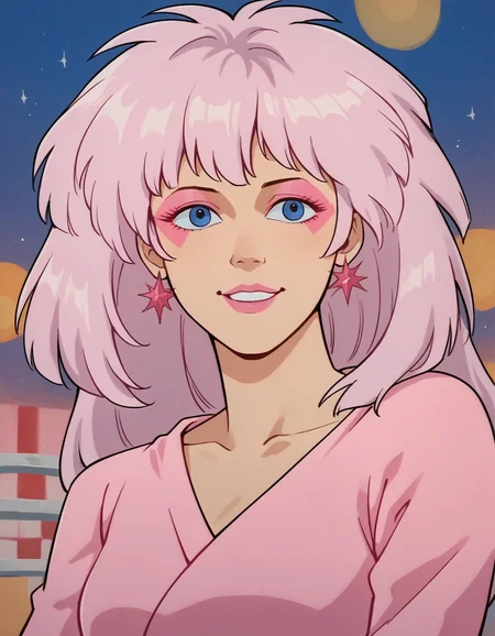 score_9, score_8_up, score_7_up, score_6_up, 1950s diner, upper body, hud_jem, 1girl, solo, long pink hair, blue eyes, tight long sleeve pink short dress, pink earrings, pink fringe sash, pink eyeshadow, pink lipstick, smile, retro artstyle, <lora:hud_jem:0.8>